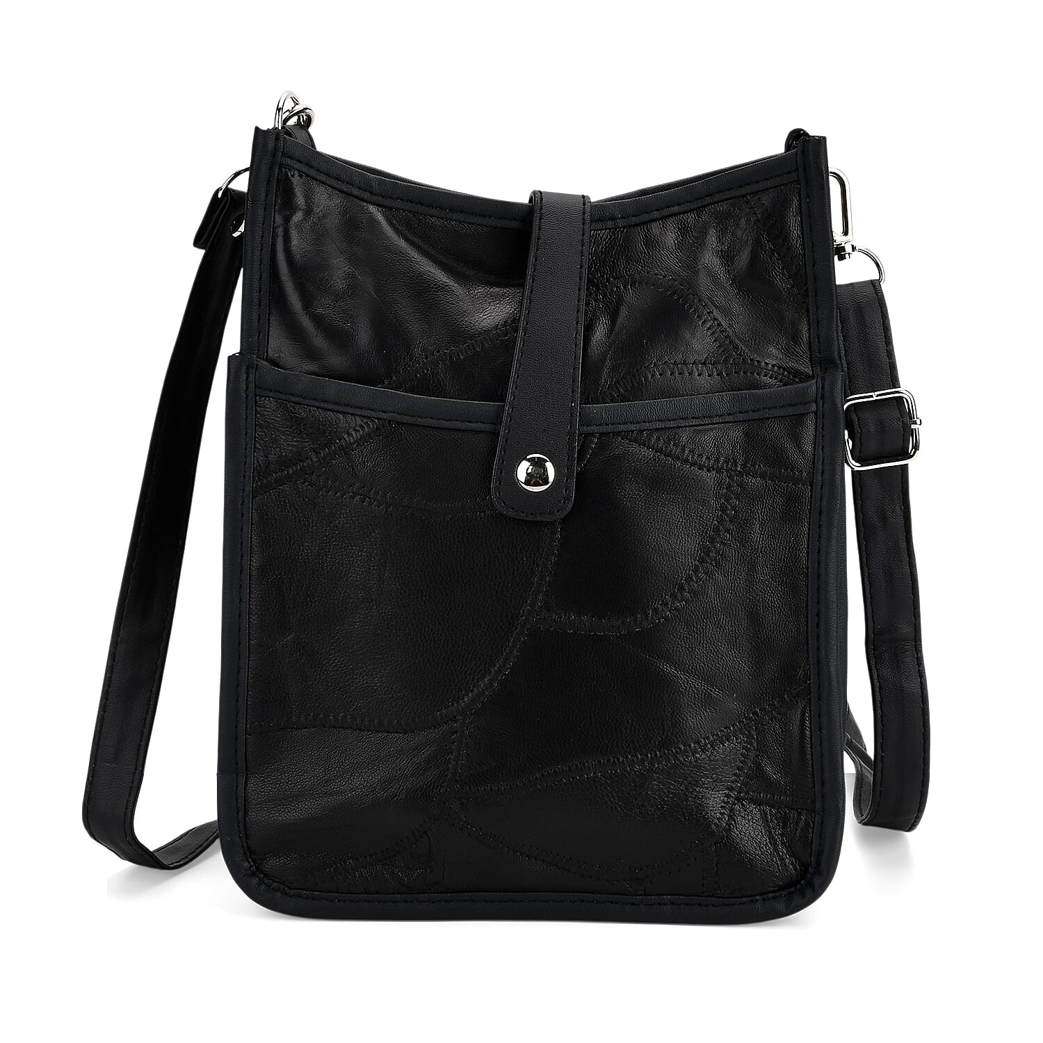 Black Patch Work Sheep Leather Crossbody Bag (8"x10"x4") with Adjustable Shoulder Strap