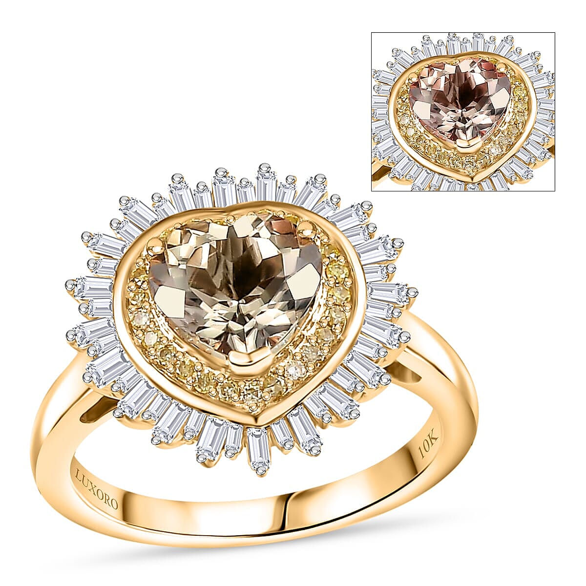 Luxoro 10K Yellow Gold AAA Turkizite, Natural Yellow and White Diamond (I2) Radiant Heart Ring (Size 10.0) 2.50 ctw