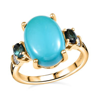 Sleeping Beauty Turquoise, Monte Belo Indicolite and White Diamond 5.35 ctw Ring in 18K Vermeil Yellow Gold Over Sterling Silver (Size 10.0)