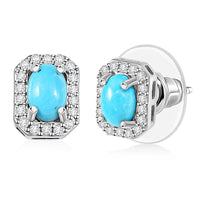 D'Joy Premium Sleeping Beauty Turquoise and White Zircon 1.35 ctw Stud Earrings in Rhodium Over Sterling Silver