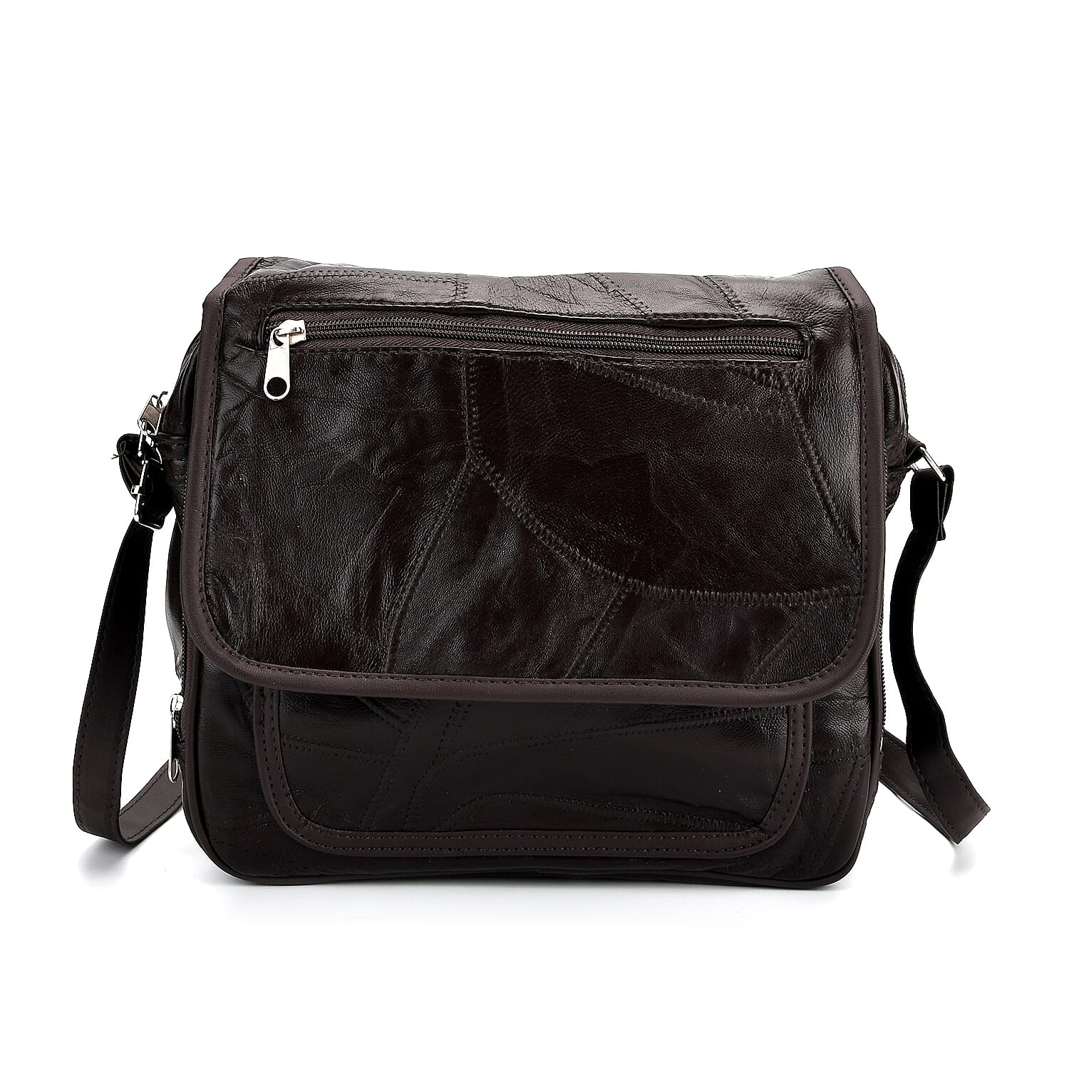 Black Patchwork Sheep Leather Crossbody Bag (9.8"x9.8"x3.5") with Adjustable Shoulder Strap