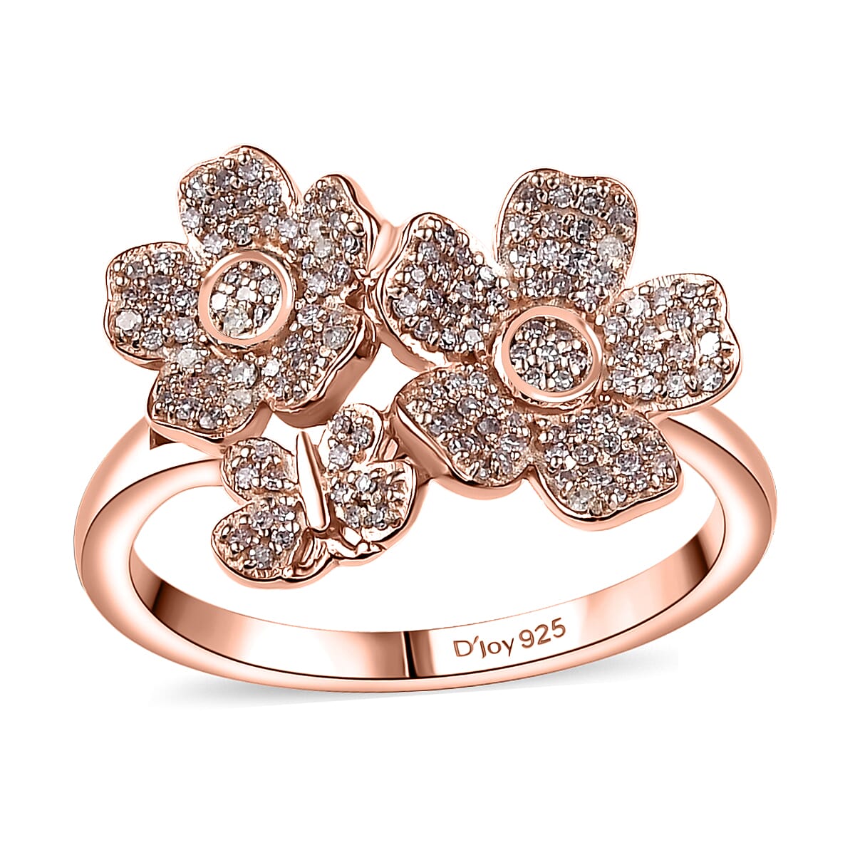 Natural Pink Diamond I3 0.33 ctw Flowers and Butterfly Ring in 18K Vermeil Rose Gold Over Sterling Silver (Size 10.0)