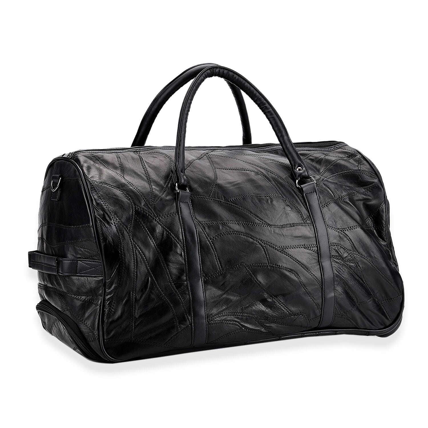 Black Patchwork Sheep Leather Travel Bag with Wheels (20"x10.83"x11.8")