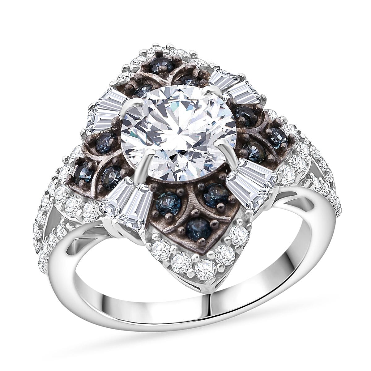 120 Faceted Moissanite (Rnd 8 mm), Blue Sapphire Ring in Rhodium Over Sterling Silver (Size 10.0) 3.00 ctw