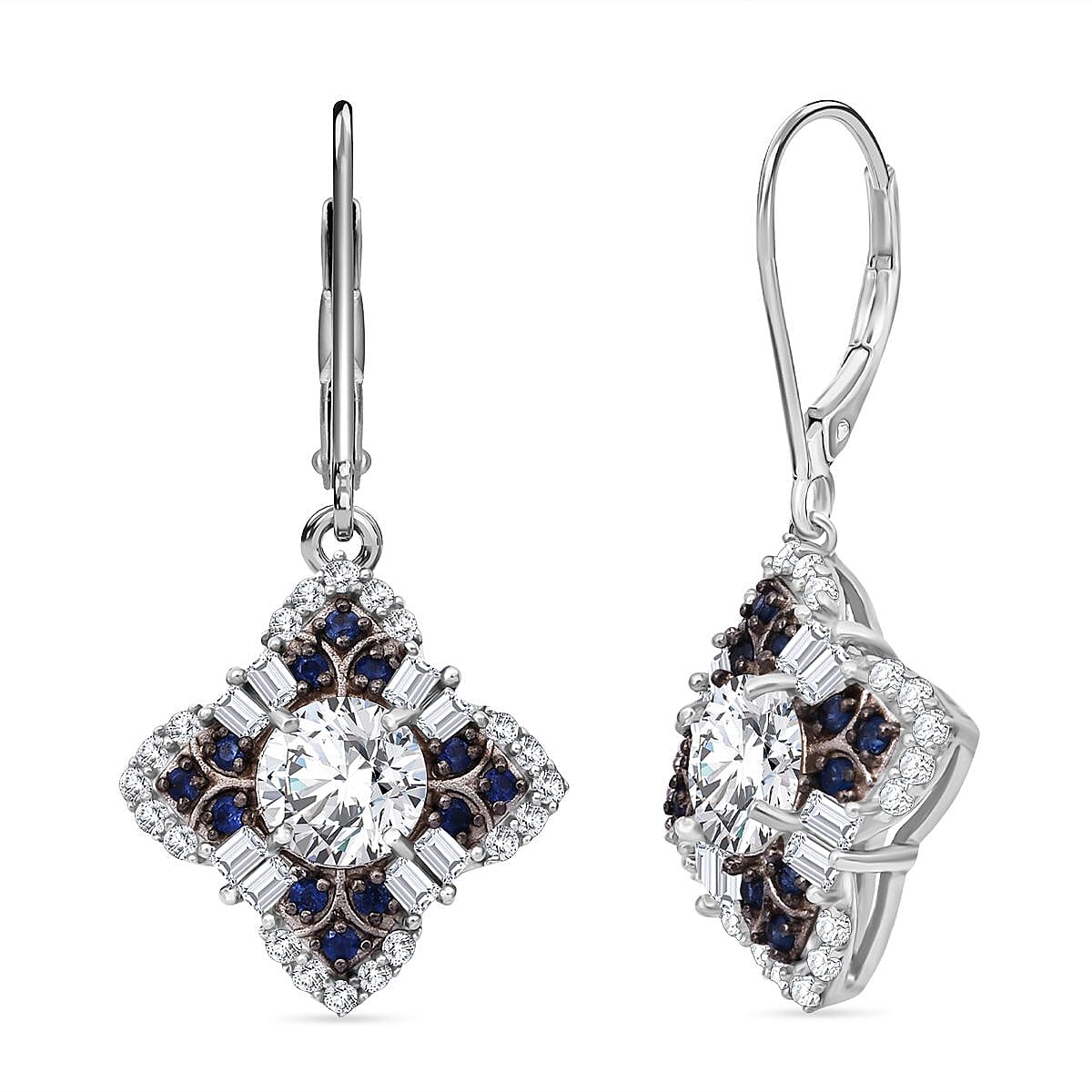 120 Faceted Moissanite (Rnd 6 mm), Blue Sapphire Earrings in Rhodium Over Sterling Silver 2.70 ctw