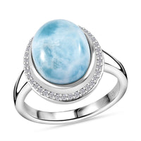 Premium Natural Larimar, White Zircon 5.85 ctw Ring in Rhodium Over Sterling Silver (Size 10.0)