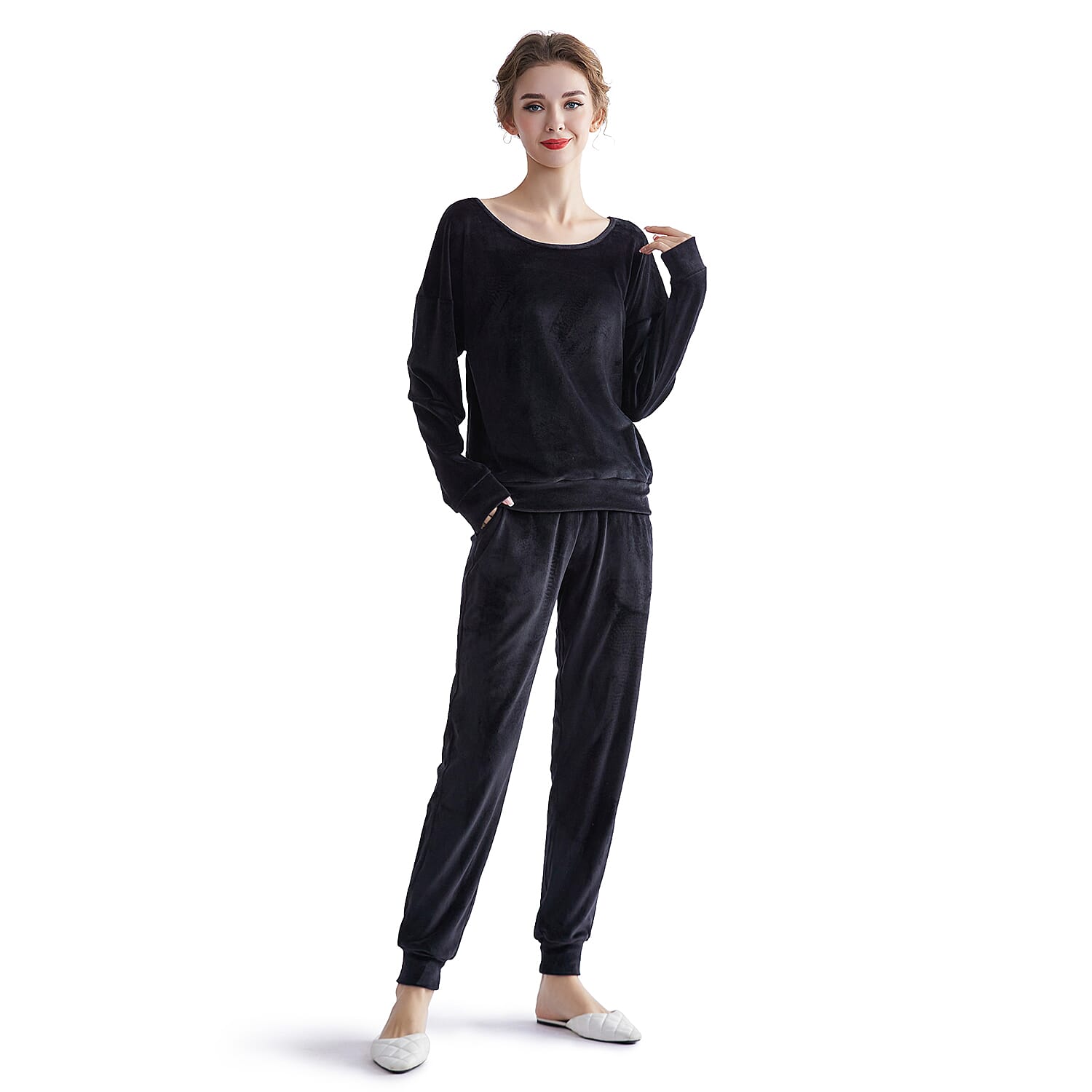 Hanton Black Soft Velvet 2 Piece Round Neck Top and Jogger Set - S