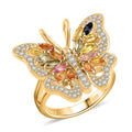 Clarte Flutter Collection Multi Sapphire, Black and White Moissantie Ring in 14K YG Over Sterling Silver (Size 10.0) 1.60 ctw - Sticky add to cart bar