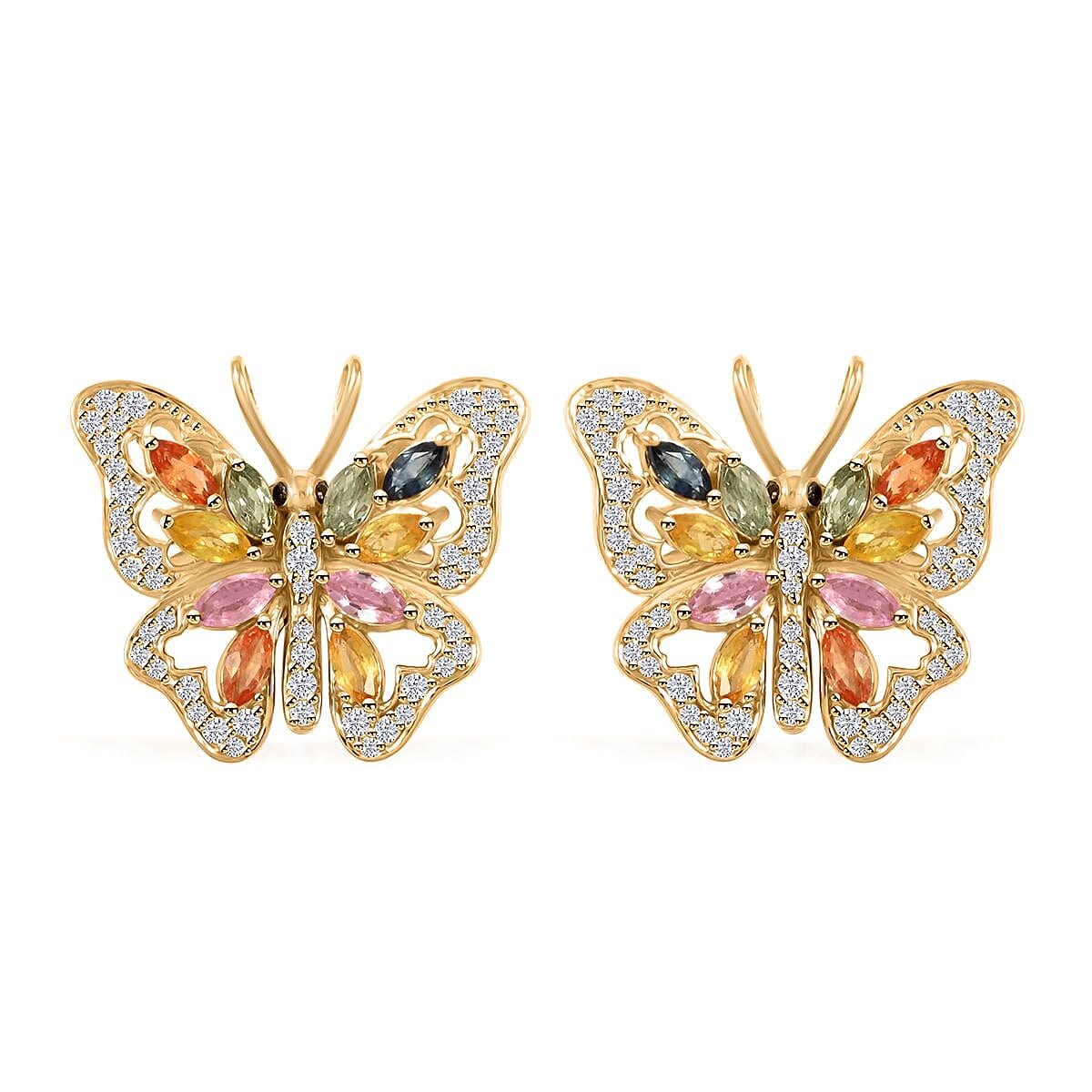 Multi Sapphire, Black and White Moissantie 1.85 ctw Earrings in 14K Yellow Gold Over Sterling Silver
