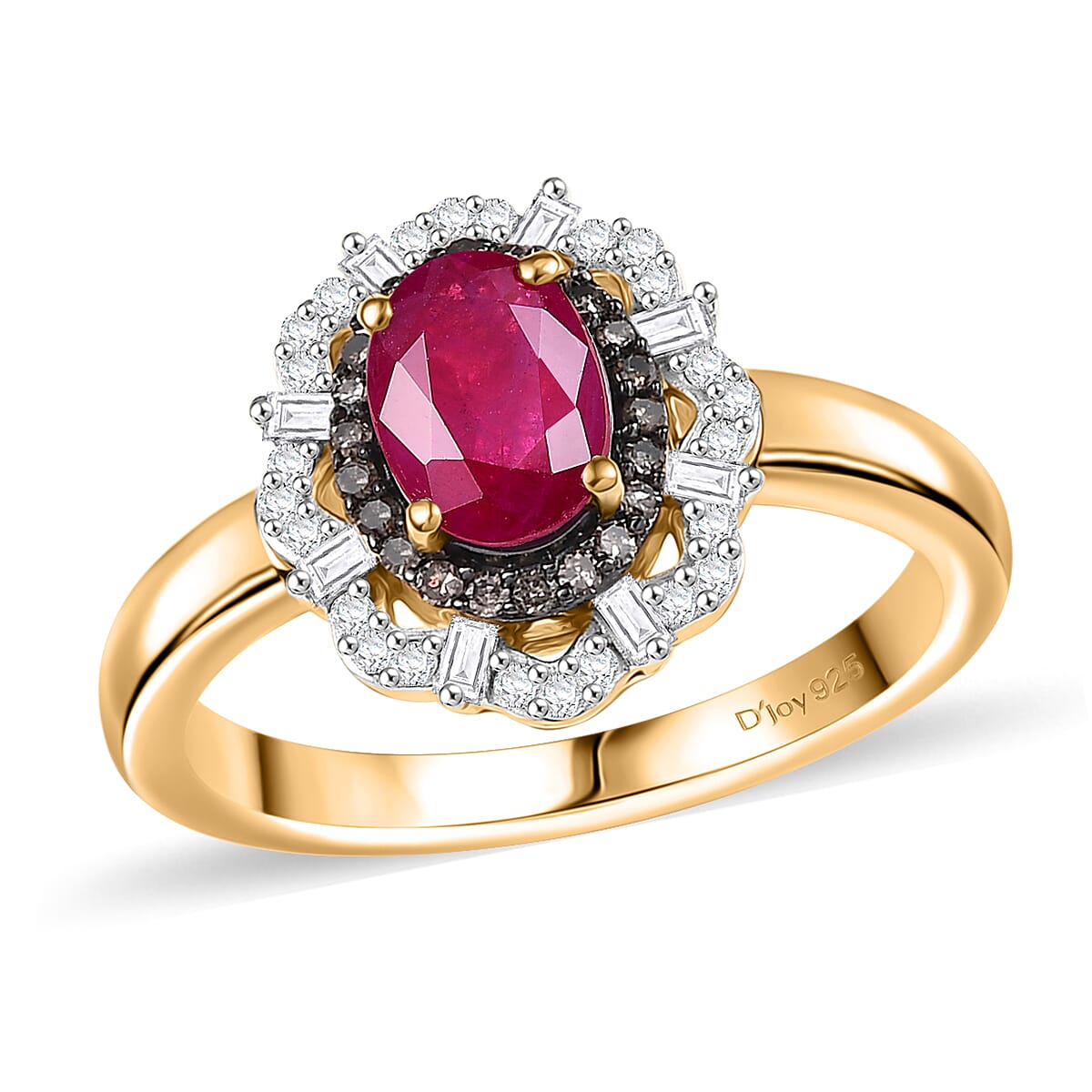 Premium Mozambique Ruby, Natural Champagne and White Diamond (0.25 cts) Ring in 18K Vermeil YG Over Sterling Silver (Size 7.0) 1.80 ctw