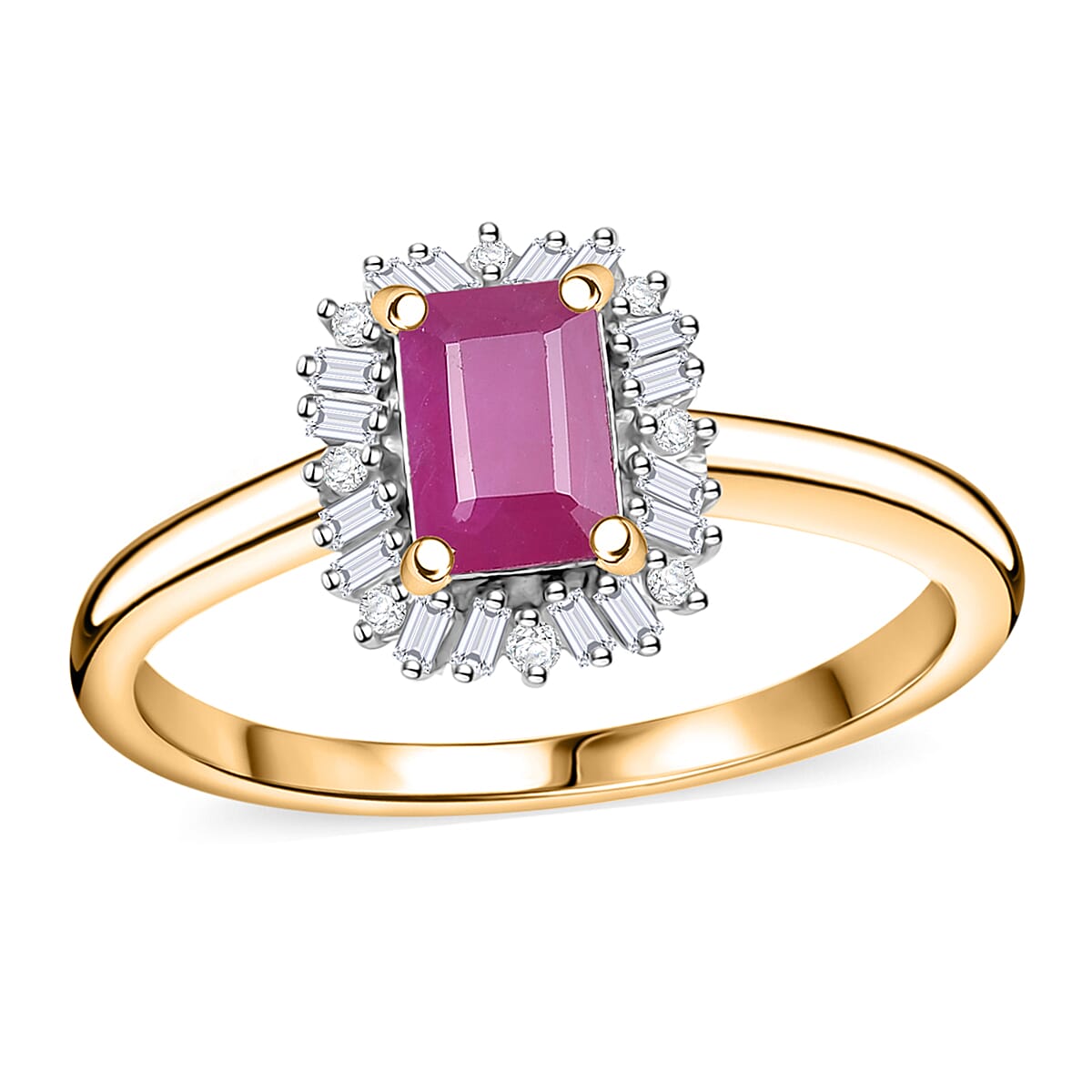 AAA Royal Ruby, Diamond Ring in 18K Vermeil YG Over Sterling Silver (Size 10.0) 0.90 ctw