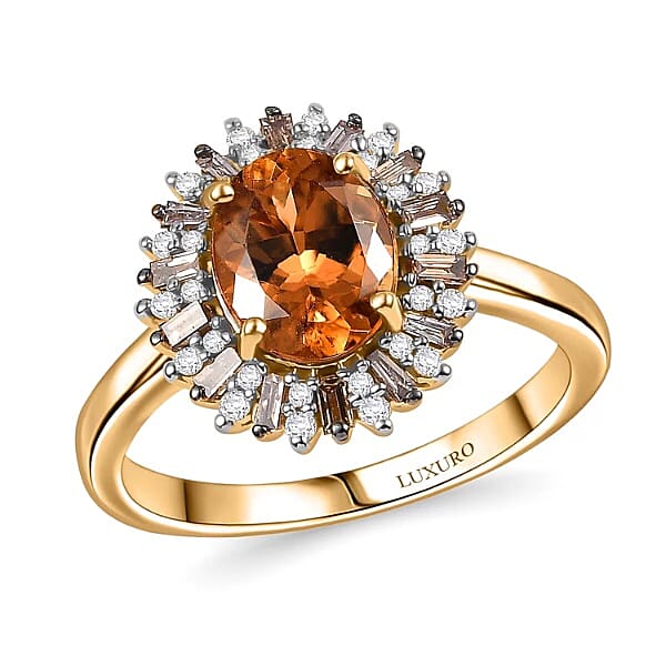 Luxoro 14K Yellow Gold Premium Calabar Imperial Tourmaline, Natural Champange and White Diamond (I2) (0.35 cts) Ring (Size 10.0) 2.10 ctw