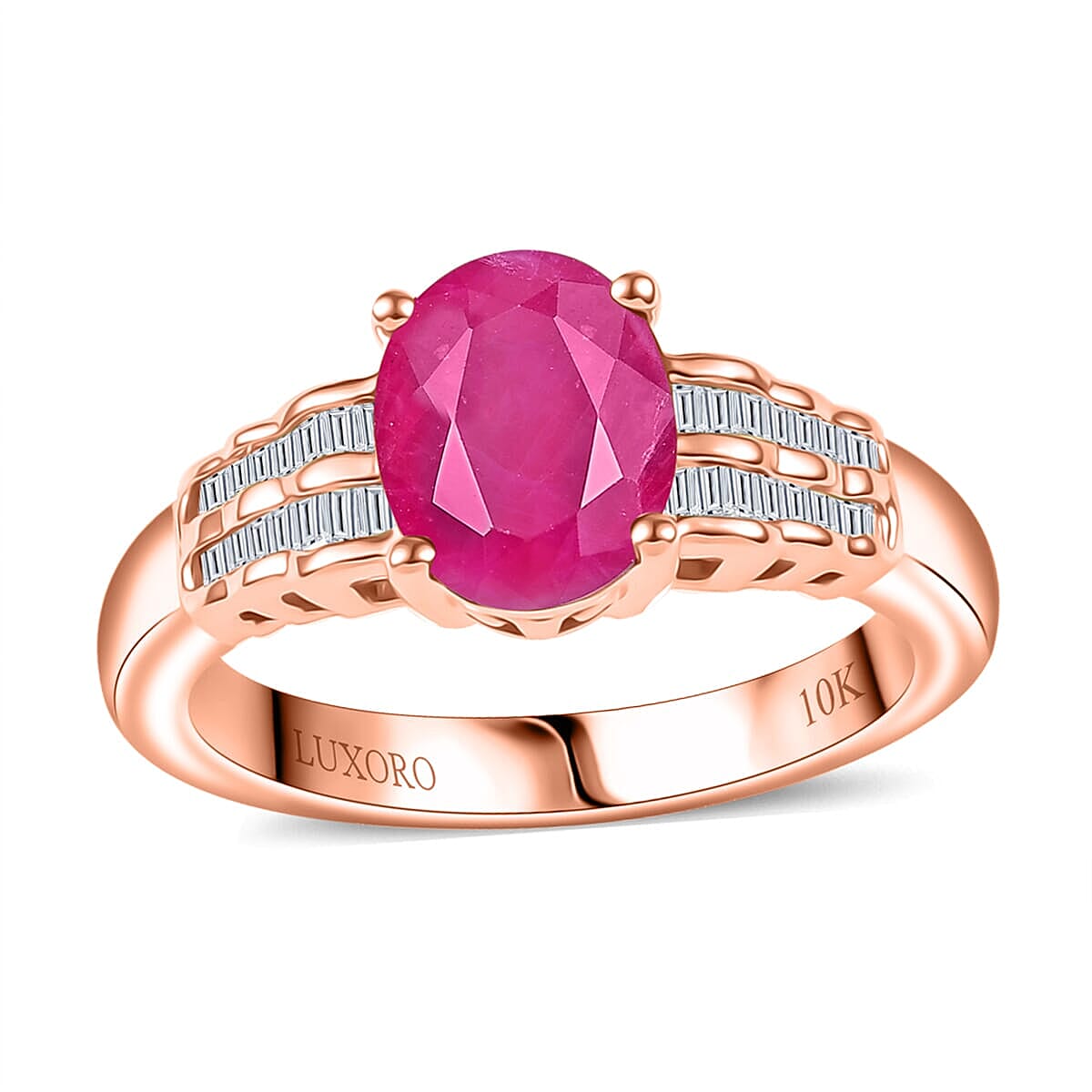Luxoro AAA Royal Ruby and Diamond G-H I2 2.50 ctw Ring in 10K Rose Gold (Size 7.0)