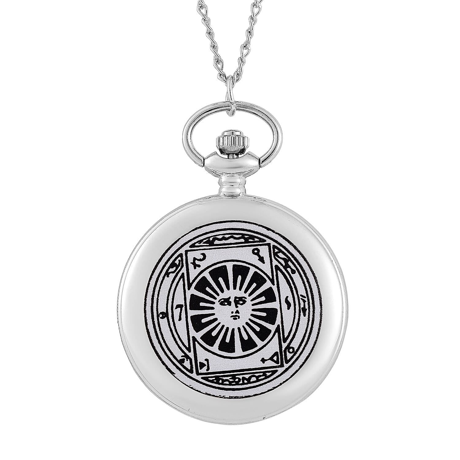 Strada Japanese Movement 3D Talisman For Invisibility Amulet Black Pullet Pattern Pocket Watch with Chain in Silvertone (36 Inches)