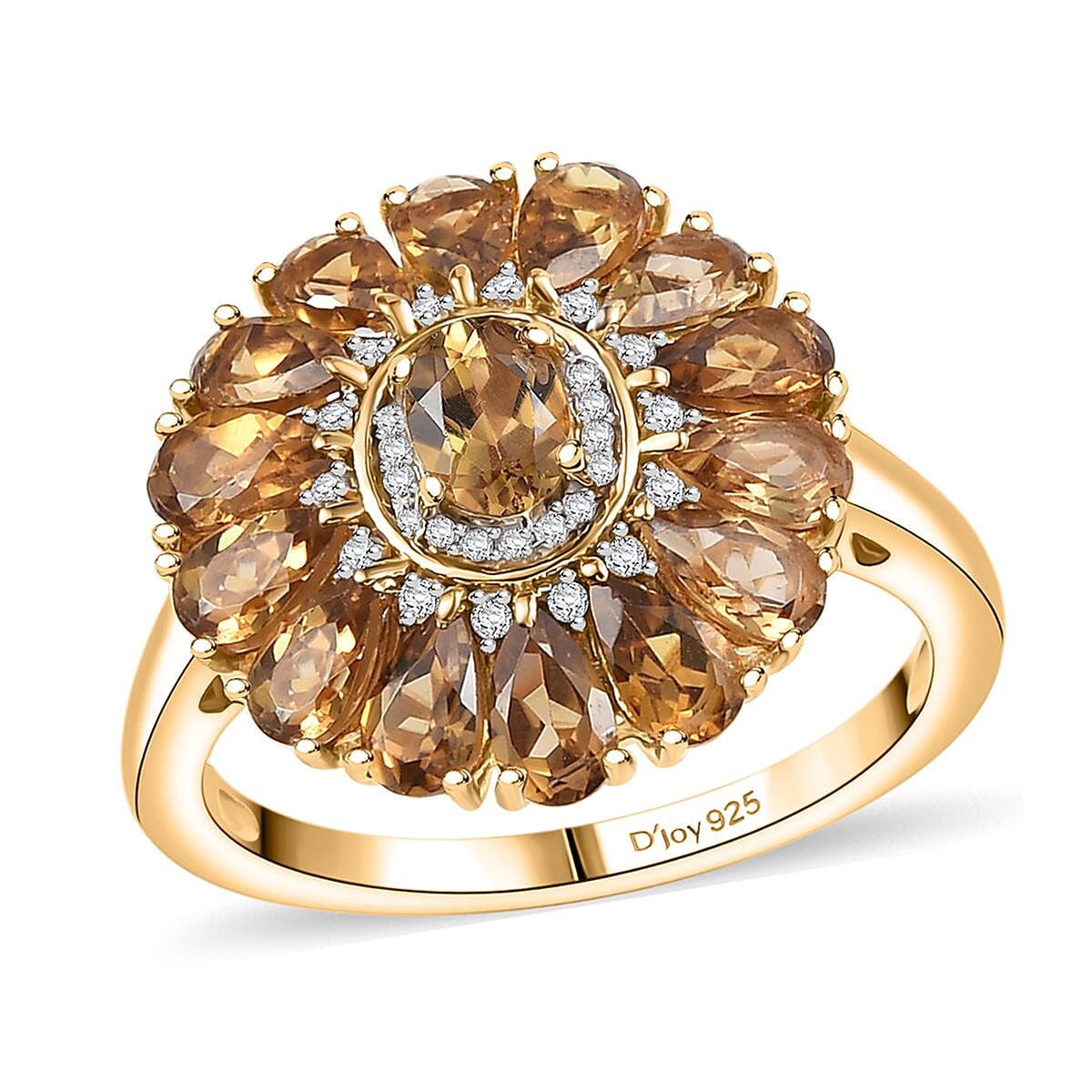 Premium Golden Turkizite, White Zircon Sunflower Ring in 18K Vermeil YG and Rhodium Over Sterling Silver (Size 10.0) 3.80 ctw
