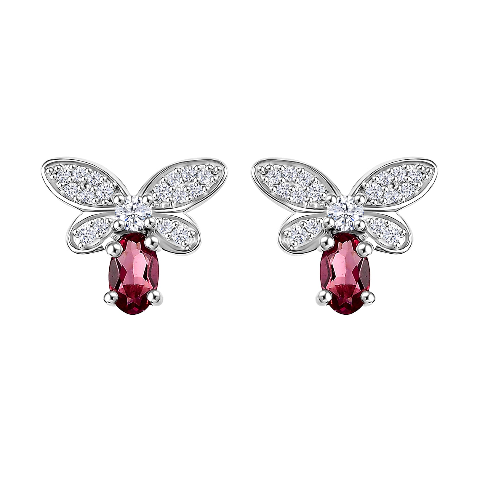Luxuriant Bixbite (LG) and White Zircon 0.70 ctw Butterfly Earrings in Rhodium Over Sterling Silver