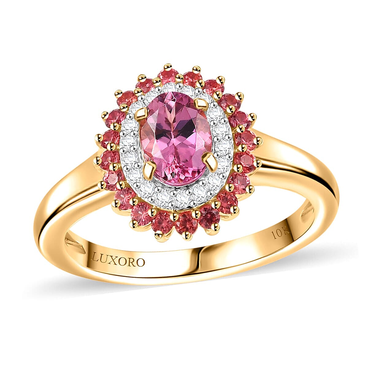 Luxoro 10K Rose Gold Premium Natural Calabar Pink Tourmaline, Padparadscha Sapphire and Diamond (I2) Crimson Halo Ring (Size 6.0) 1.35 ctw