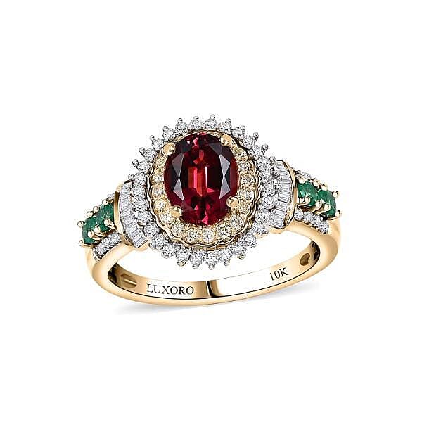 Luxoro 10K Yellow Gold AAA Ouro Fino Rubellite, Colombian Emerald, Natural Yellow and White Diamond (I2) (0.55 cts) Ring (Size 6.0) 2.00 ctw
