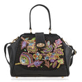 Black Genuine Leather Floral Embroidery Embellishment Handbag with Top Handle and Shoulder Strap - Sticky add to cart bar