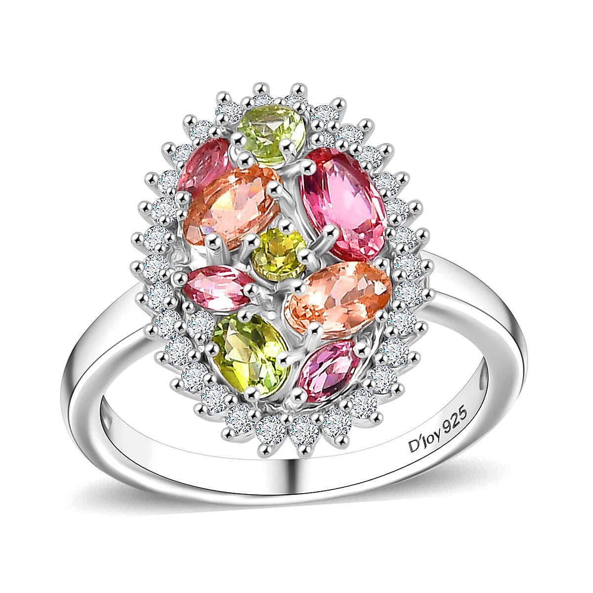 Premium Colors of Calabar Tourmaline , White Zircon Ring in Rhodium Over Sterling Silver (Size 7.0) 1.90 ctw