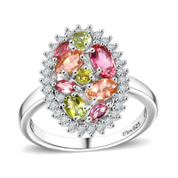 Premium Colors of Calabar Tourmaline , White Zircon Ring in Rhodium Over Sterling Silver (Size 7.0) 1.90 ctw
