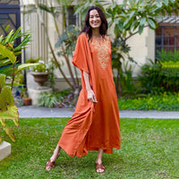 TLV Winlar Orange Micro Plisse Long Kaftan - One Size Fits Most