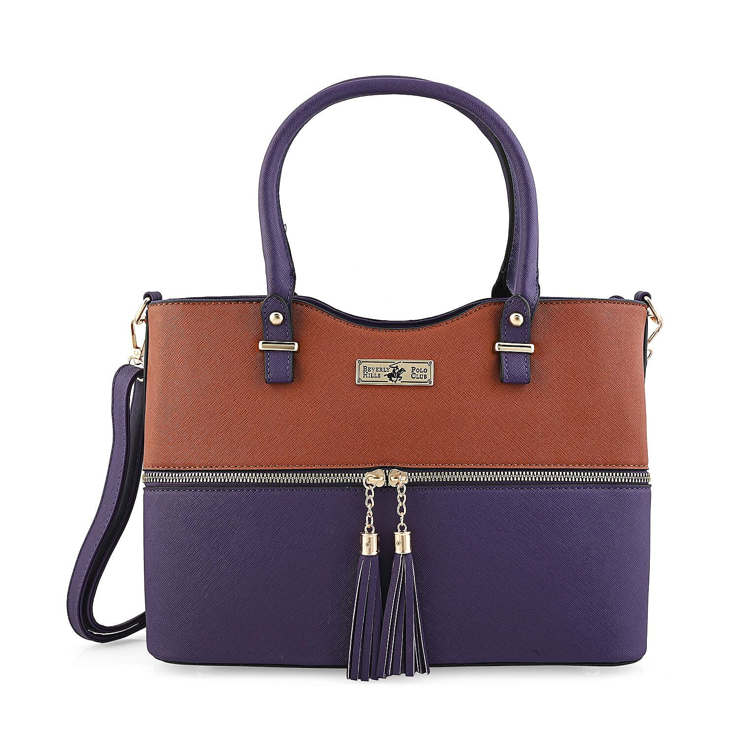 Beverly Hills Polo Club Cognac & Purple Faux Leather 2-Tone Shoulder Bag (15.5"x14"x6")