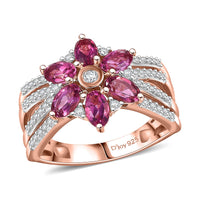 Premium Lab Grown Bixbite, White Zircon Blooming Flower Ring in 18K Vermeil RG Over Sterling Silver (Size 10.0) 1.85 ctw