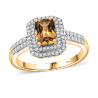 Premium Golden Turkizite, Moissanite Double Halo Ring in 18K Vermeil YG Over Sterling Silver (Size 7.0) 1.65 ctw