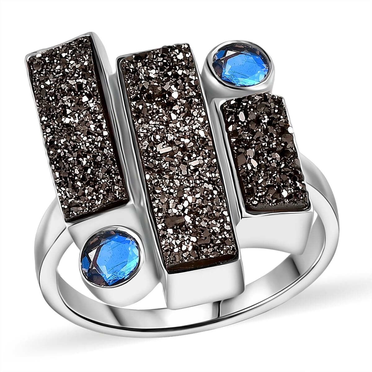 Sajen Silver Black Diamond Flat Drusy Quartz, Rainbow Iriss Doublet Quartz Ring in Rhodium Over Sterling Silver (Size 10.0) 6.15 ctw