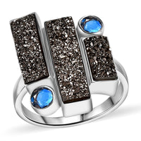 Sajen Silver Black Diamond Flat Drusy Quartz, Rainbow Iriss Doublet Quartz Ring in Rhodium Over Sterling Silver (Size 10.0) 6.15 ctw