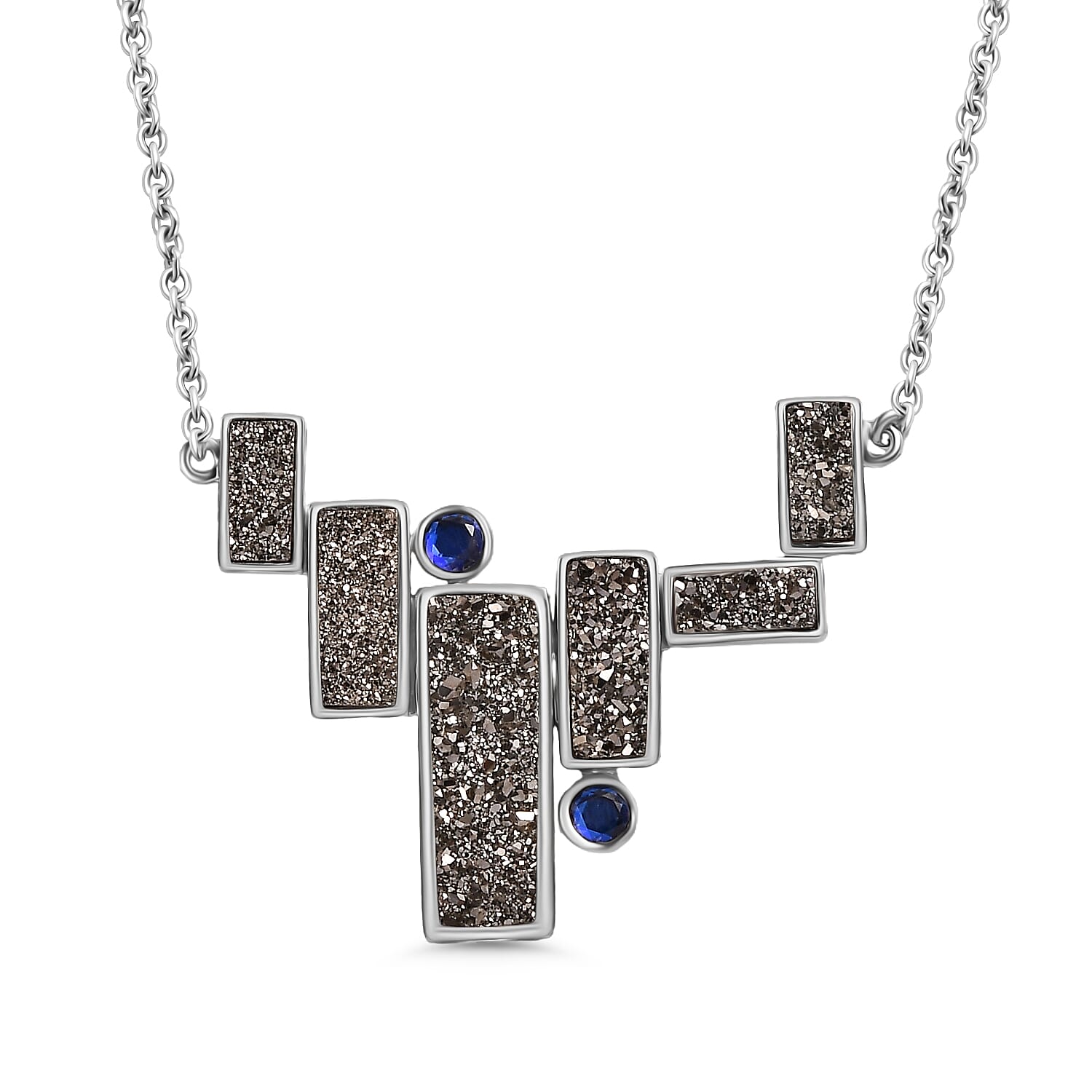 Sajen Silver Black Diamond Flat Drusy Quartz and Rainbow Iriss Doublet Quartz 13.40 ctw Necklace in Rhodium Over Sterling Silver 18 Inches