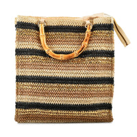 Wild Flower Cream & Multi Color Stripe Straw Handbag with Bamboo Handle (13"x4.5"x12")
