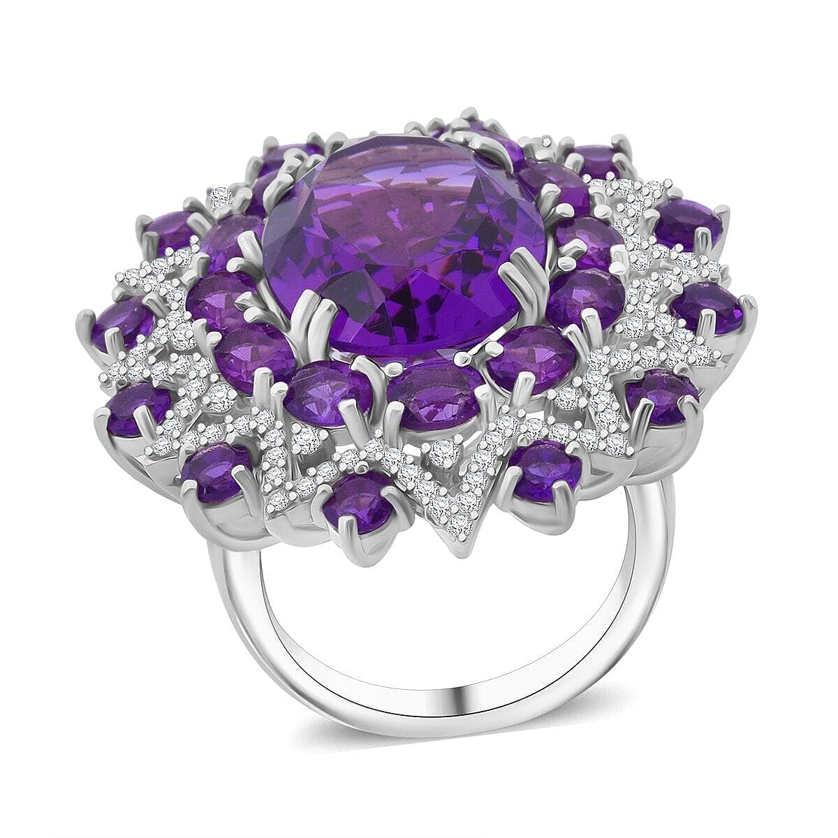 Epic Deal African Amethyst, White Zircon Floral Ring in Rhodium Over Sterling Silver (Size 10.0) 13.85 ctw