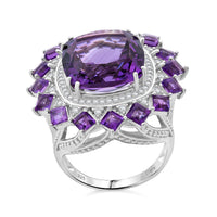 African Amethyst and White Zircon 15.50 ctw Ring in Rhodium Over Sterling Silver (Size 8.0)