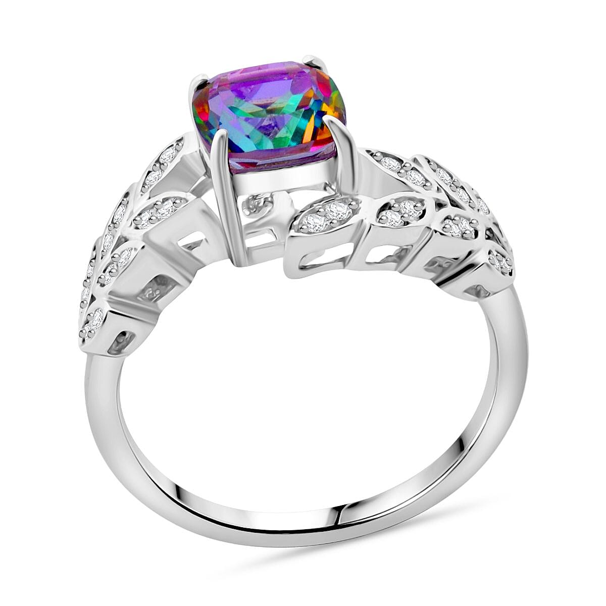 Green Mystic Topaz ,  White Zircon  Ring in Rhodium Overlay Sterling Silver 2.17 ctw