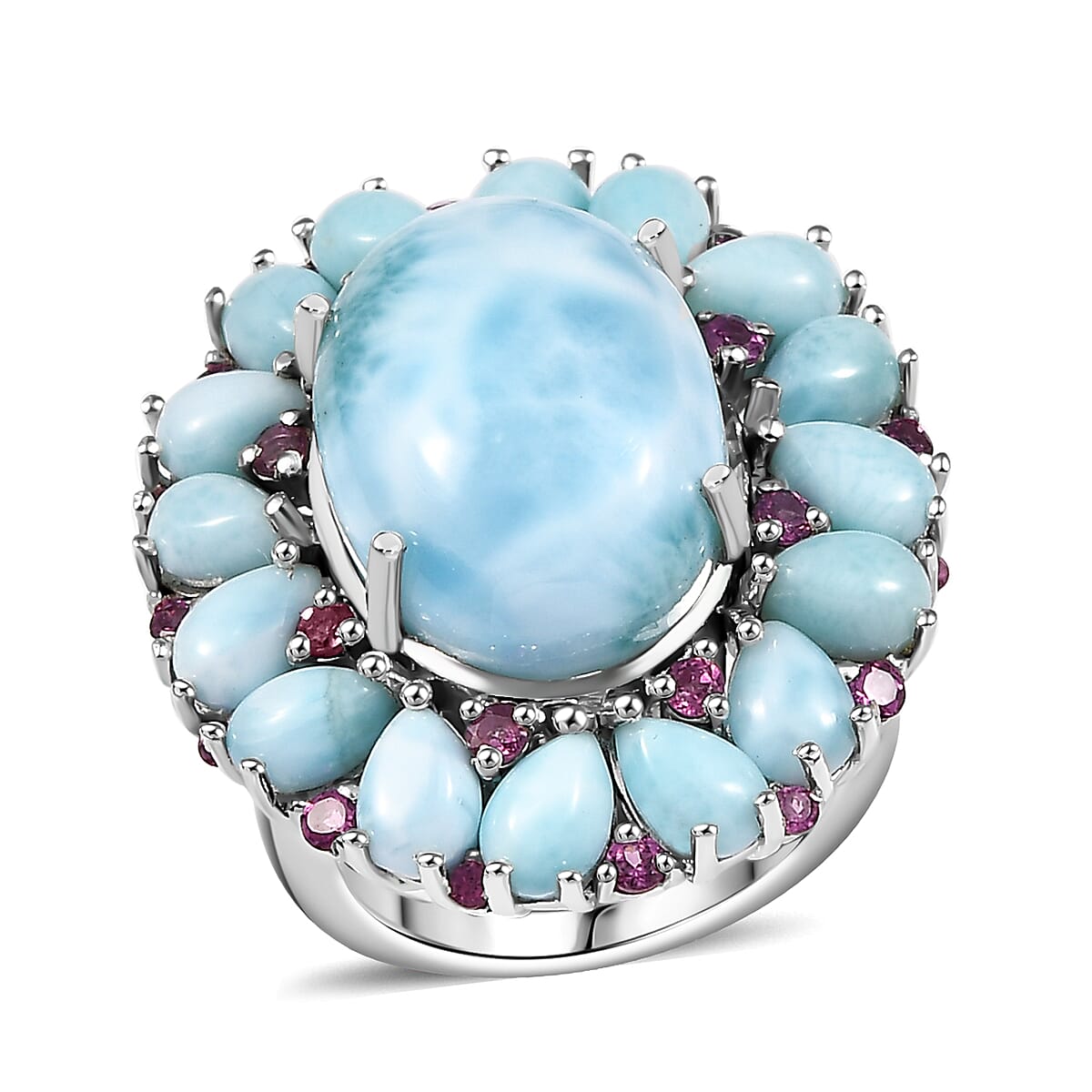 26th Apr TLV Premium Larimar, Orissa Rhodolite Garnet Floral Ring in Rhodium Over Sterling Silver (Size 10.0) 22.75 ctw