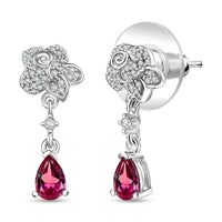 Luxuriant Bixbite (LG) and White Zircon 1.10 ctw Flower Drop Earrings in Rhodium Over Sterling Silver