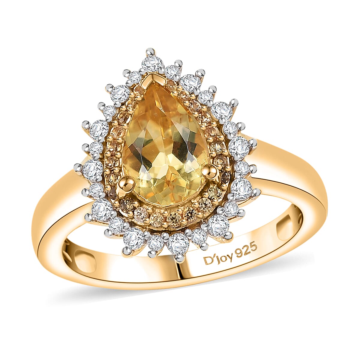 Heliodor ,  Yellow Sapphire ,  White Zircon  Main Stone With Side Stone Ring in 18K YG Vermeil Sterling Silver 1.91 ctw