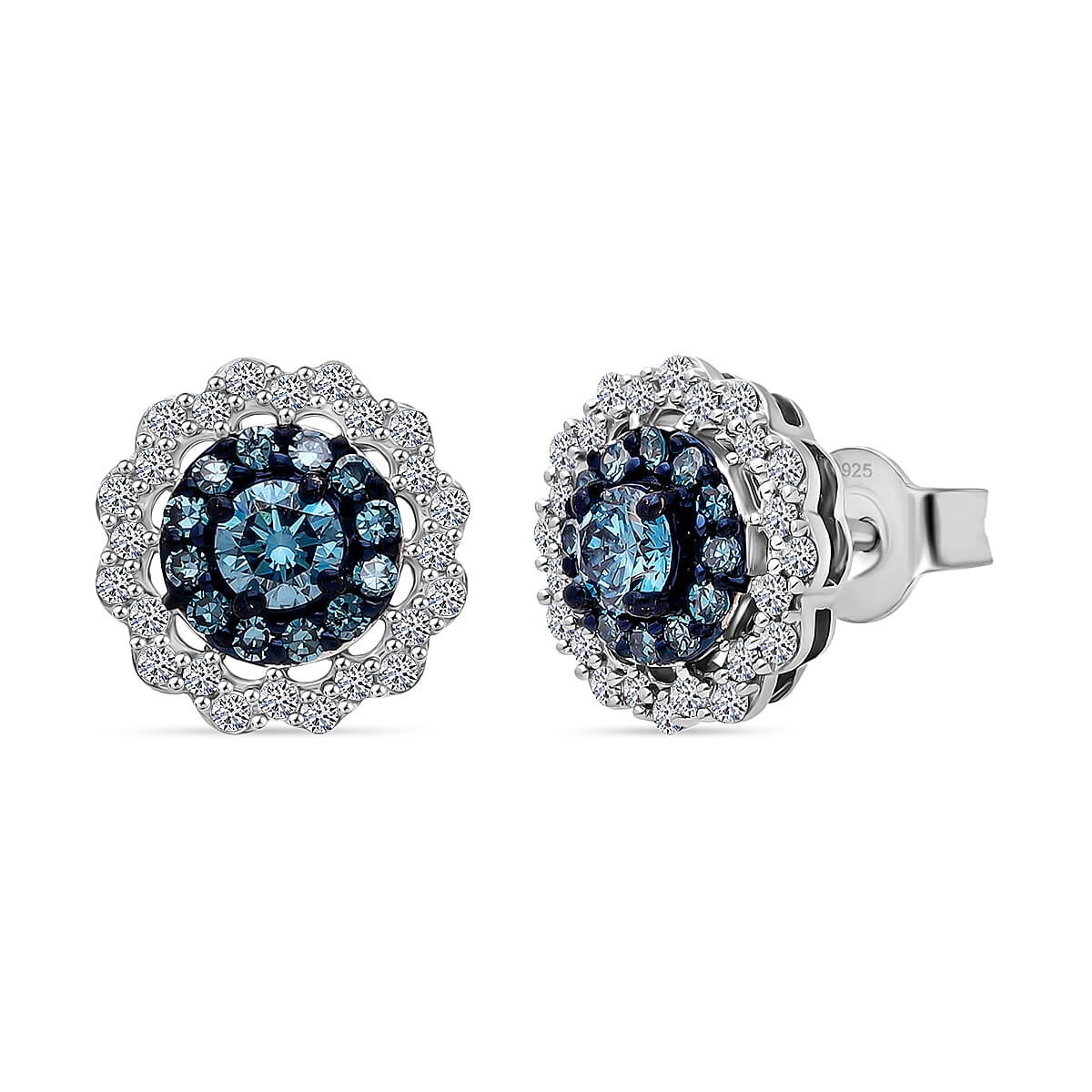 Luxuriant Lab Grown Blue Diamond (IR), Lab Grown White Diamond SI 1.00 ctw Ocean Empress Earrings in Rhodium Over Sterling Silver