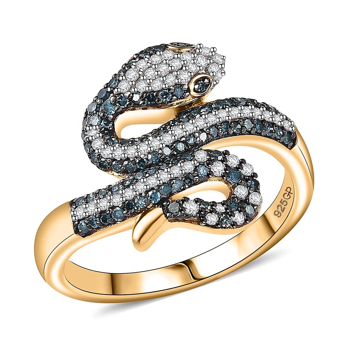 GP Blue and White Diamond 0.60 ctw Fancy Ring in 18K Vermeil Yellow Gold Over Sterling Silver (Size 10.0)