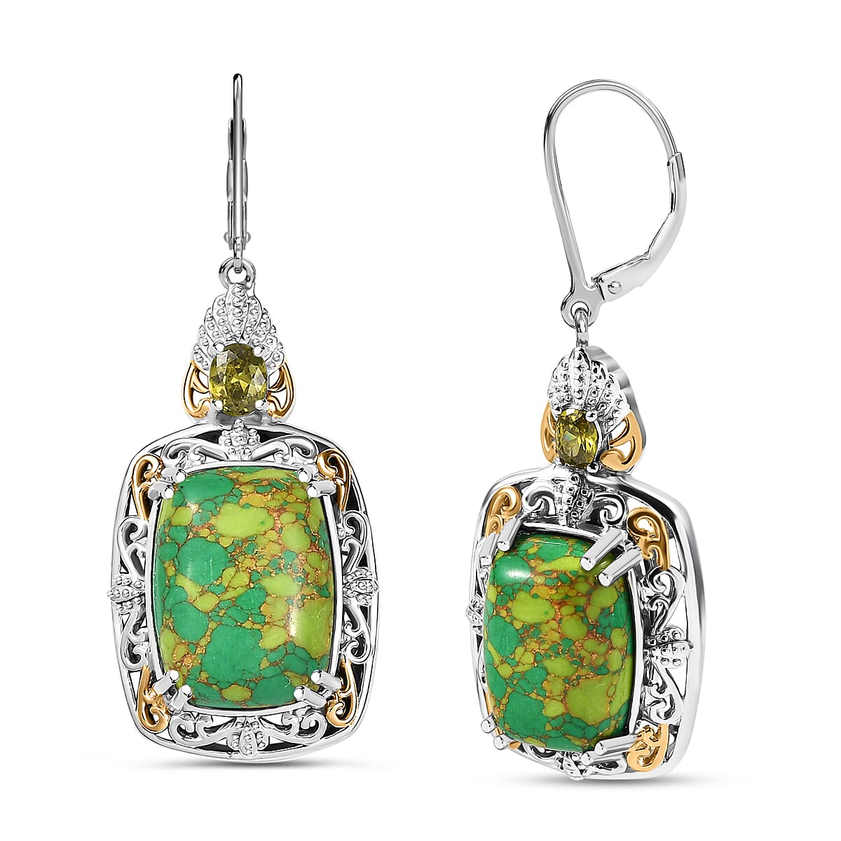 Karis Mojave Green Turquoise, Simulated Green Diamond Lever Back Earrings in 18K YG Plated and Platinum Bond 12.50 ctw