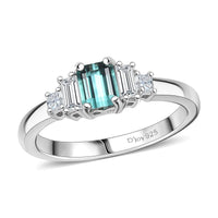 Premium Pirineu Lagoon Tourmaline, Moissanite Ring in Rhodium Over Sterling Silver (Size 6.0) 1.15 ctw
