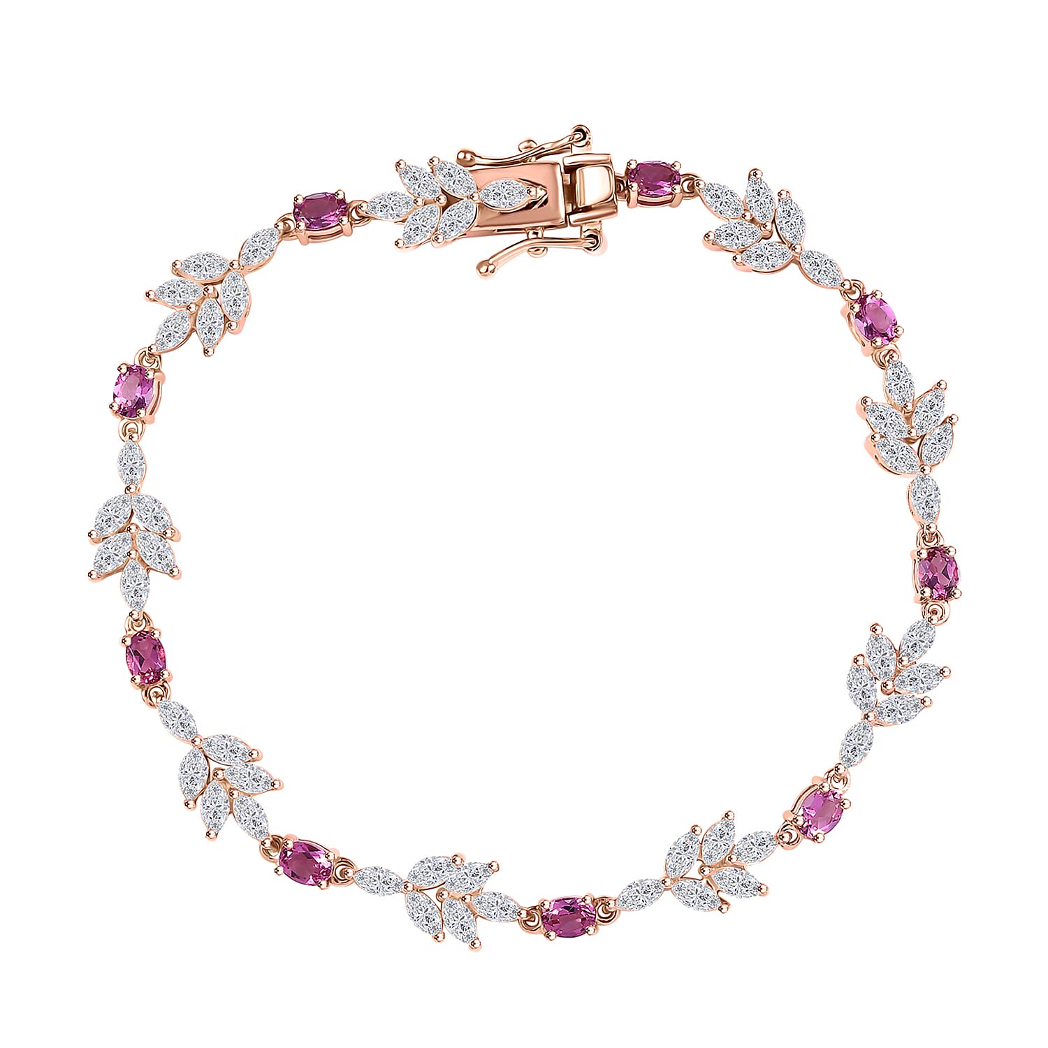 Lab Grown Bixbite and White Zircon 7.60 ctw Floral Vine Bracelet in 18K Vermeil Rose Gold Over Sterling Silver (7.25 In)