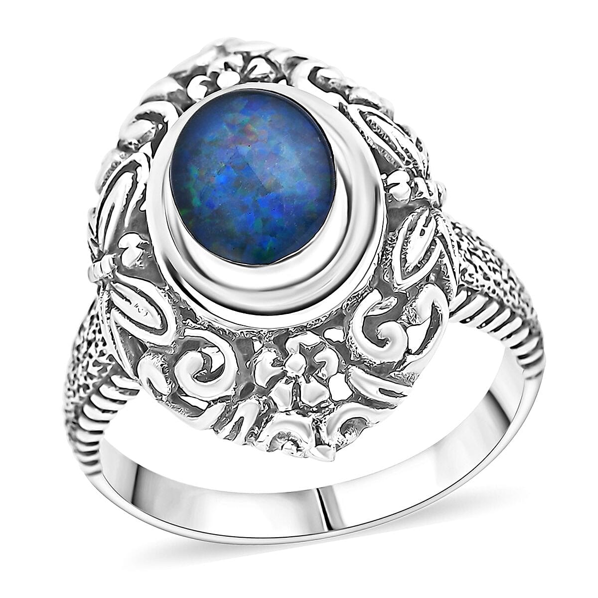 Bali Legacy Boulder Opal Triplet Butterfly and Floral Ring in Sterling Silver (Size 10.0) 1.50 ctw