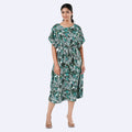 Tamsy Teal Floral Polyester Crepe Kaftan Dress with Belt - One Size Fits Most - Sticky add to cart bar
