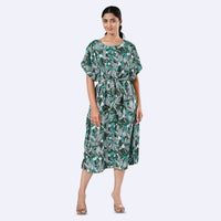 Tamsy Teal Floral Polyester Crepe Kaftan Dress with Belt - One Size Fits Most