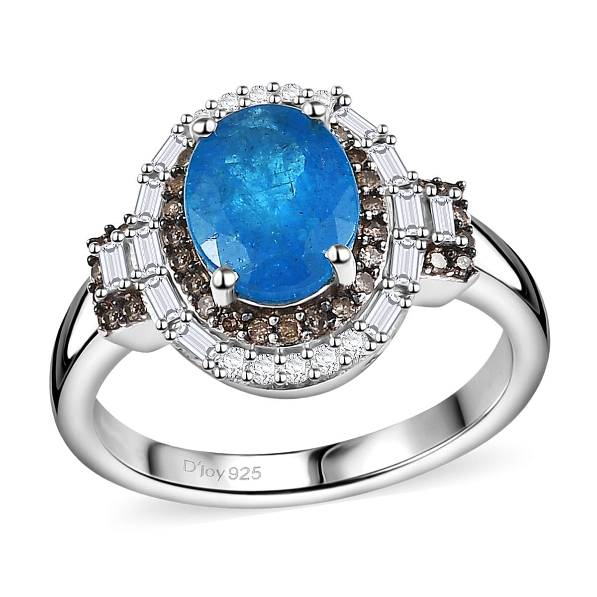 Malgache Neon Apatite, Natural Champagne and White Diamond 2.40 ctw Ring in Rhodium Over Sterling Silver