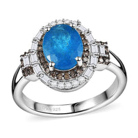 Malgache Neon Apatite, Natural Champagne and White Diamond 2.40 ctw Ring in Rhodium Over Sterling Silver