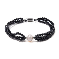 Freshwater Pearl and Thai Black Spinel 200.00 ctw Beaded 3 Row Bracelet in Stainless Steel (7.00 In)
